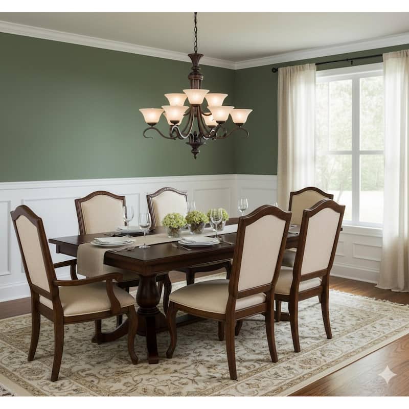 9-Light Bronze Chandelier With White Glass Shades