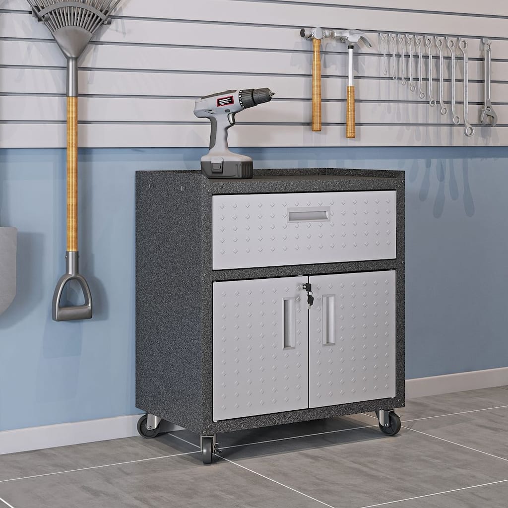 Fortress Textured Metal 31.5" Garage Mobile Cabinet with 1 Full Extension Drawer and 2 Adjustable Shelves in Grey