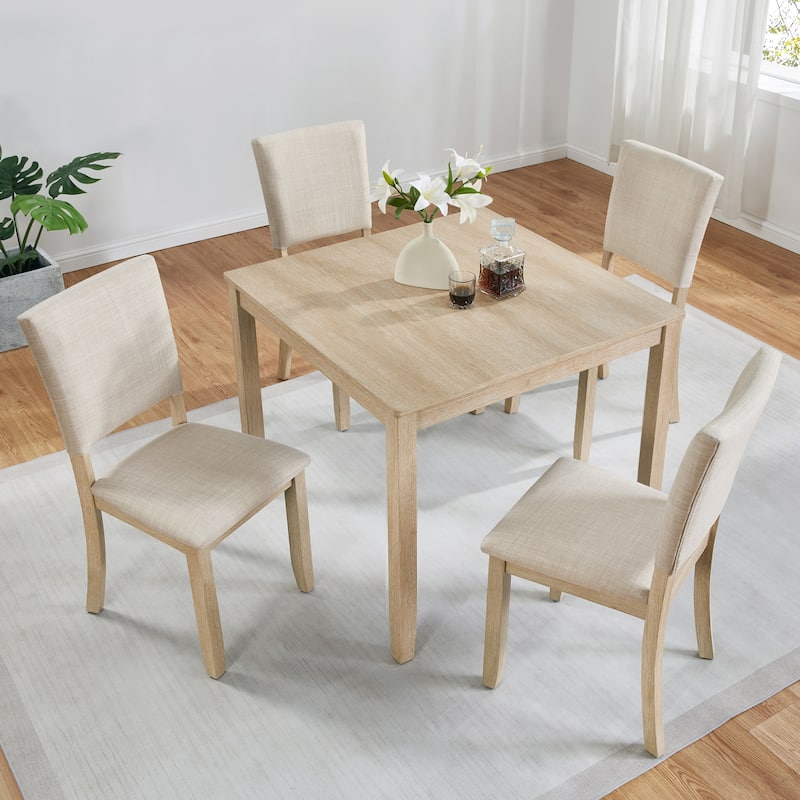 GDFStudio - Ironvale 5-Piece Modern Square Dining Table Set with 4 Upholstered Chairs - Beige,Light Oak