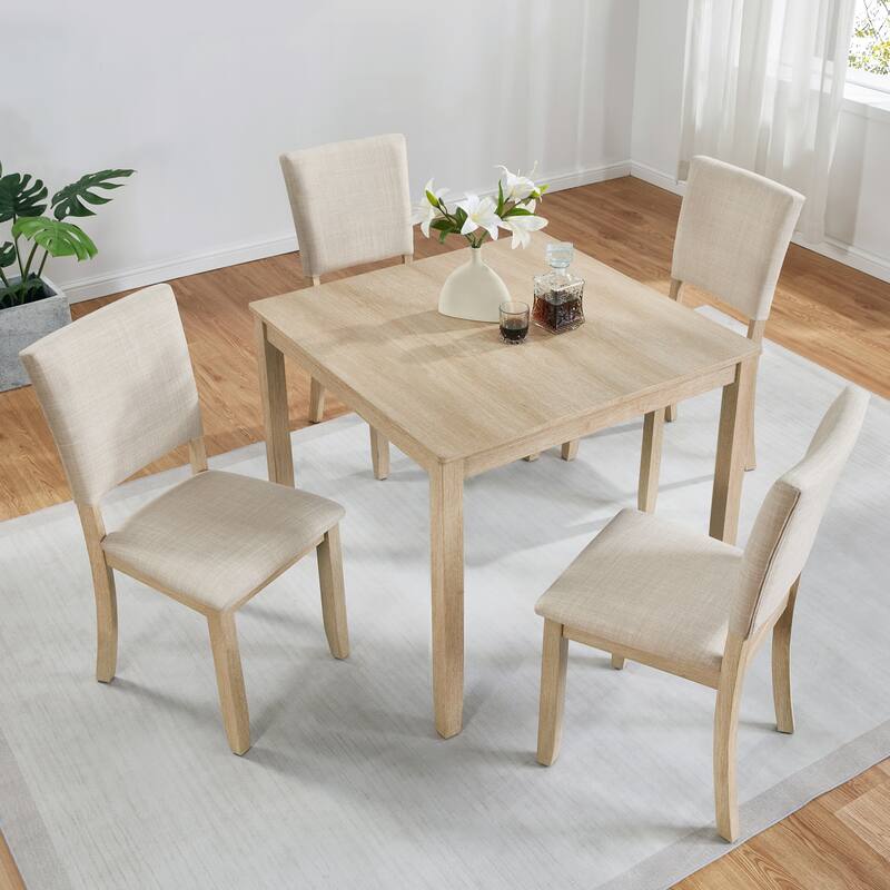 Modern Dining Table Set with Linen-Padded Seats and Backrests, for Living Rooms Kitchens, 4-Piece Set, Light Oak + Beige