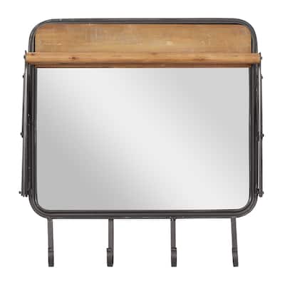 Metal 4 Hanger Wall Hook with Extended Top Rack and Mirror - Brown - Roche River Decor