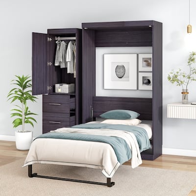 Murphy Bed with Wardrobe and Drawers, Wood Storage Wall Bed