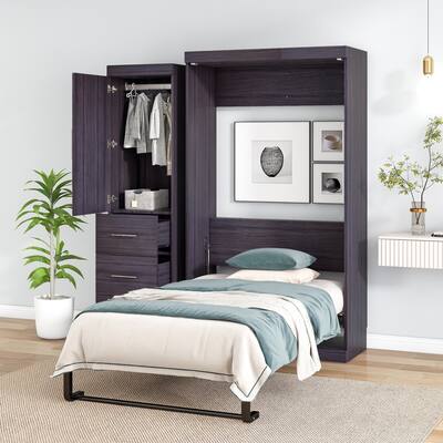 Twin Size Bed with Wardrobe and Drawers, Storage Bed, can be Folded into a Cabinet, Support with Wooden Boards