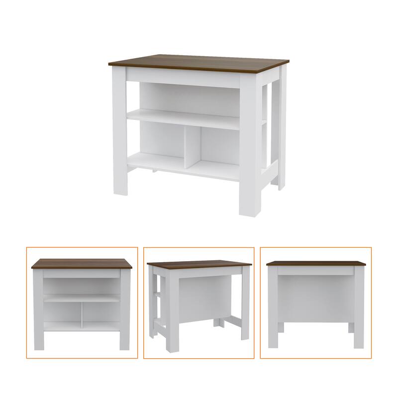 Cala Kitchen Island, Four Legs, Three Shelves -White / Walnut