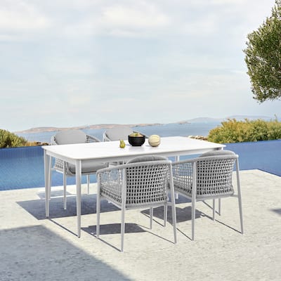 Rhodes Outdoor Patio 5 Piece Dining Set in Aluminum with Sintered Stone and Gray Cushions