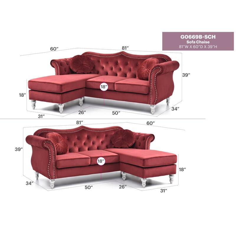 Hollywood 81 in. Velvet Chesterfield Sectional Sofa with 2-Throw Pillow - 81"L x 35"W x 34"H