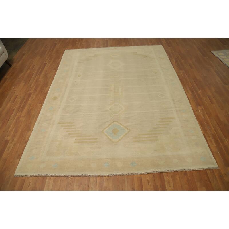 Hand Woven Oriental 100% Wool Carpet Southwestern Tribal Beige & Ivories Kilim Area Rug - 10' 2'' X 7' 9''