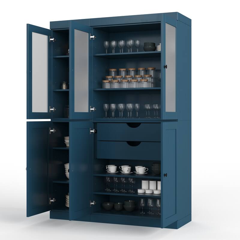 Palace Imports 100% Solid Wood 48.5" Pantry Cabinet with Frosted Glass, Shaker Doors, 2-Drawers and Adjustable Shelves
