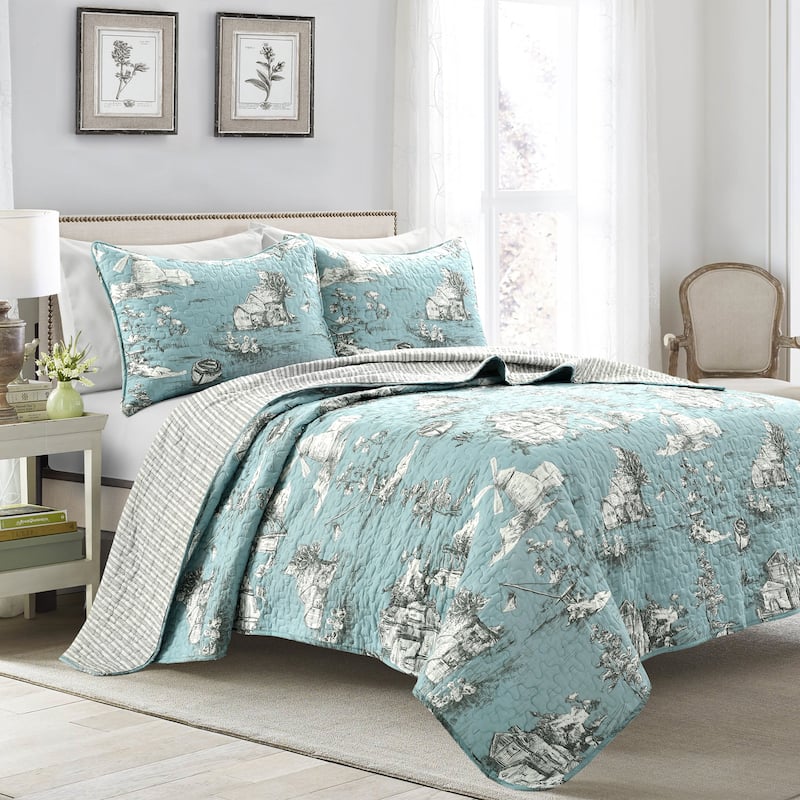 Lush Decor French Country Toile Cotton Reversible 3 Piece Quilt Set