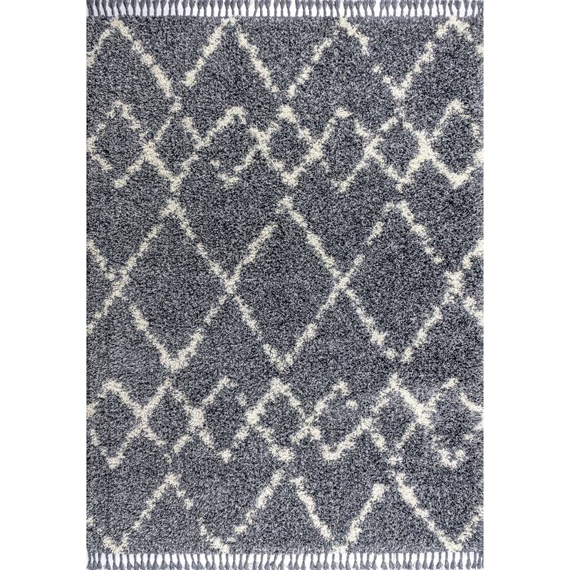JONATHAN Y Modern Shag Plush Tassel Moroccan Tribal Geometric Trellis Area Rug - 8 X 10 - Denim Blue/Cream