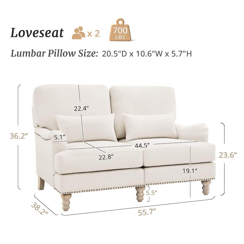 Modern 56''W 2-Seater Sofa Comfortable Solid Wood Couch with Pillows for Living Room