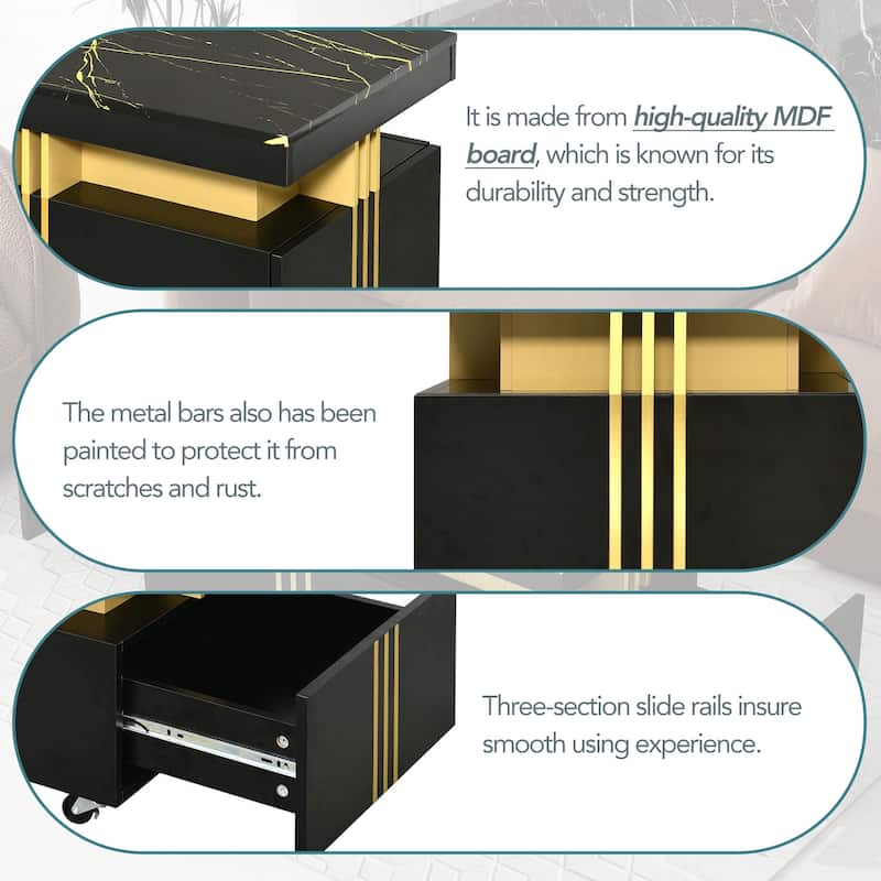 Roomfitters Rectangle Coffee Table with Faux Marble Top, Modern Center Table with Gold Metal Frame and Wheels