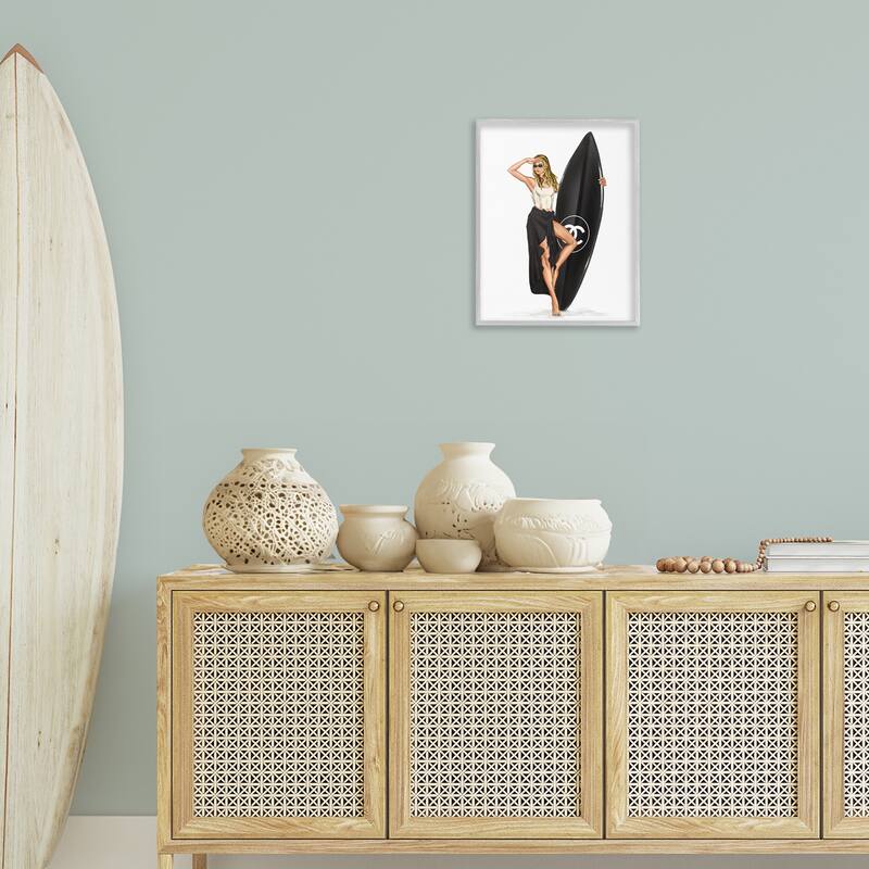 Stupell Trendy Surfer Girl in Black Framed Giclee Art Design By Ziwei Li