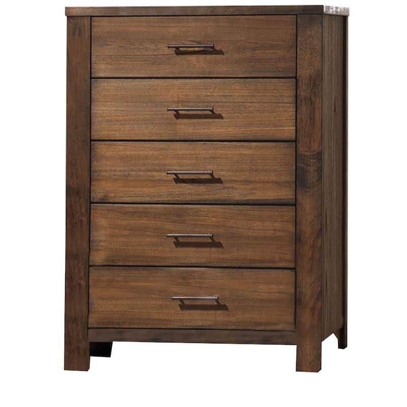 5 Drawer Wooden Chest with Metal Bar Handles and Block Legs, Brown