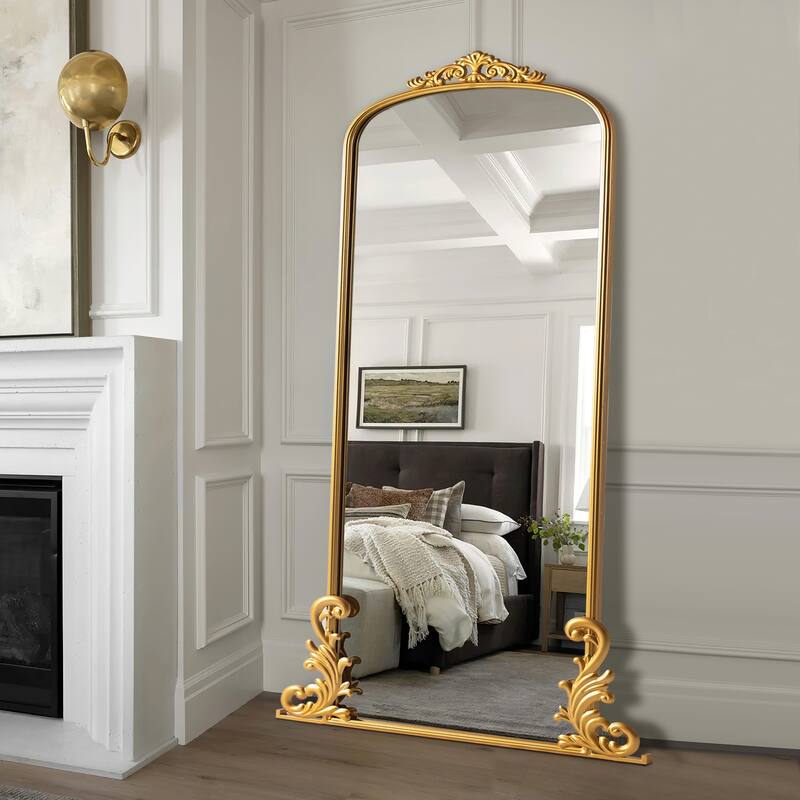 Iron Arched Carved Classical Full Length Wall Mirror - Gold