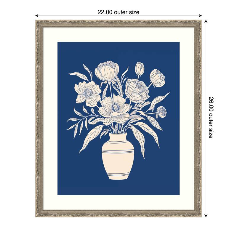 Flower Bouquet Vase on Blue by The Creative Bunch Studio Wood Framed Wall Art Print - Mila Dark Silver - 22 x 26 in