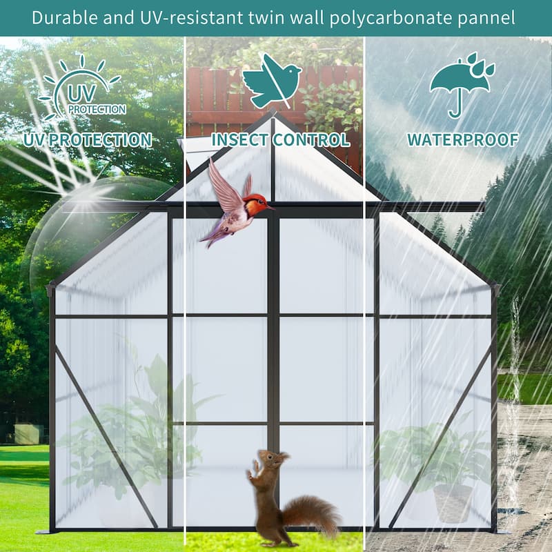 GDF Studio - Kensington Outdoor Aluminum Polycarbonate Greenhouse with Double Sliding Doors and Raised Base