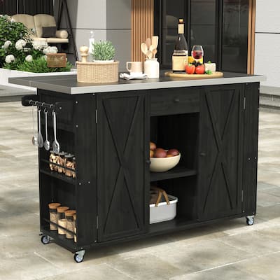 Outdoor Kitchen Island Fir Wood Kitchen Island with Stainless Steel Top, Ample Storage Space, Towel and Spice Racks