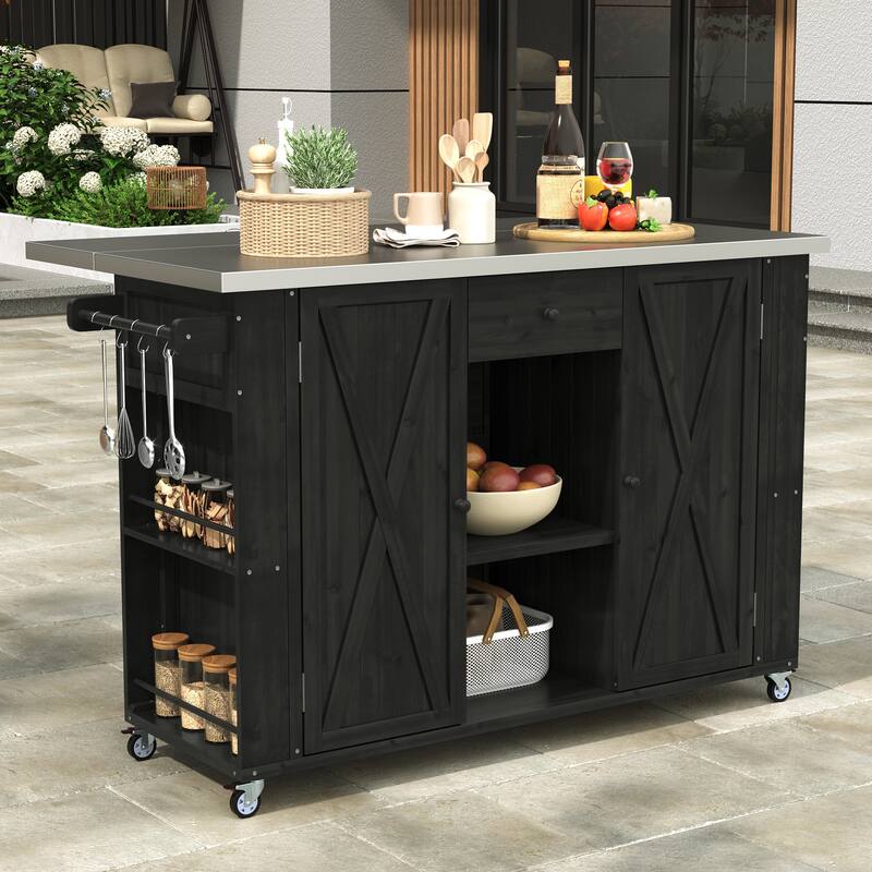 Outdoor Kitchen Island Fir Wood Kitchen Island with Stainless Steel Top, Towel and Spice Racks and a Bottle Opener