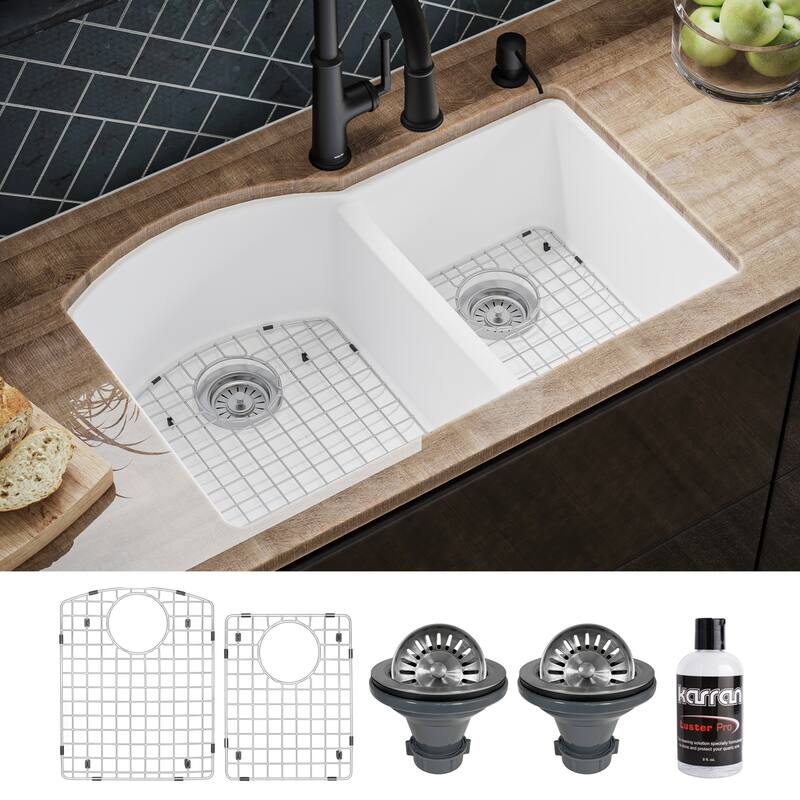 Karran Undermount Quartz 32 in. 60/40 Double Bowl Kitchen Sink Kit