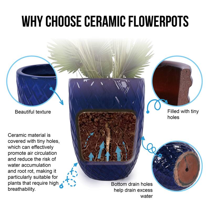 Handmade Ceramic Planter Pot, 17"Diameter, 1 Piece, Navy Blue with Diamond Pattern, for Monstera Deliciosa and Fiddle Leaf Fig