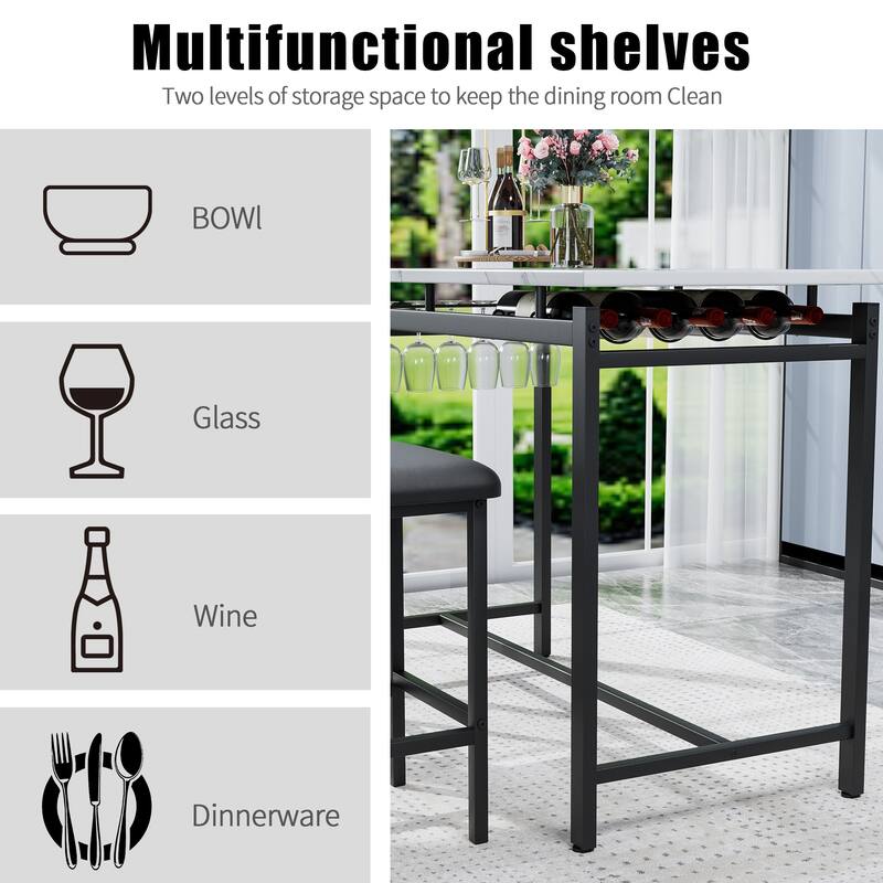 Kitchen Dining Table Chair Set, 3 Piece Counter Height Table Set with Storage Shelves and 2 Upholstered Chairs