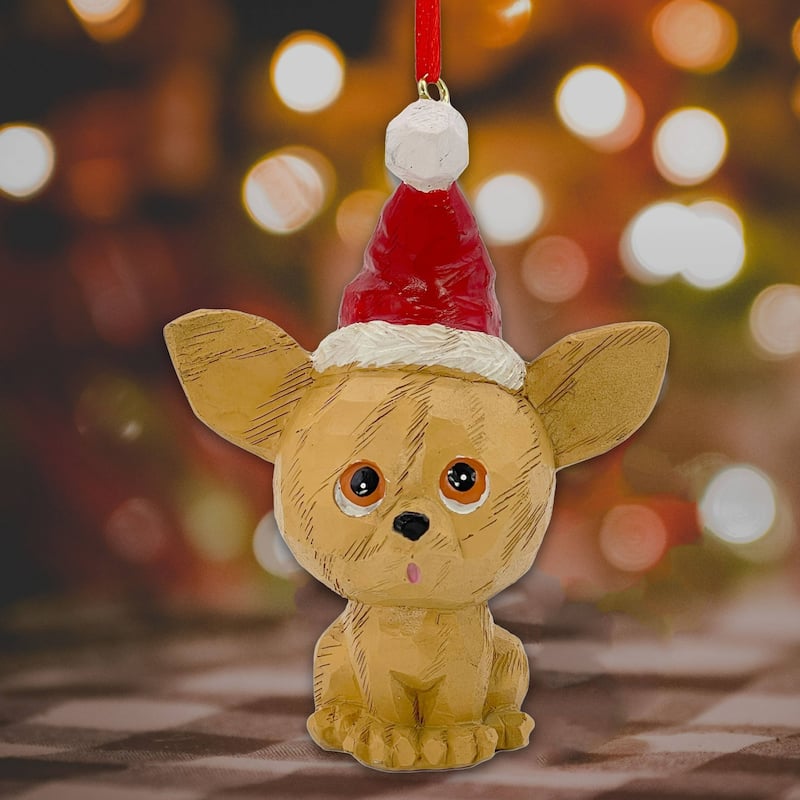 Puppy Dog with Santa Hat Christmas Ornaments - 4.5" - Brown and Red