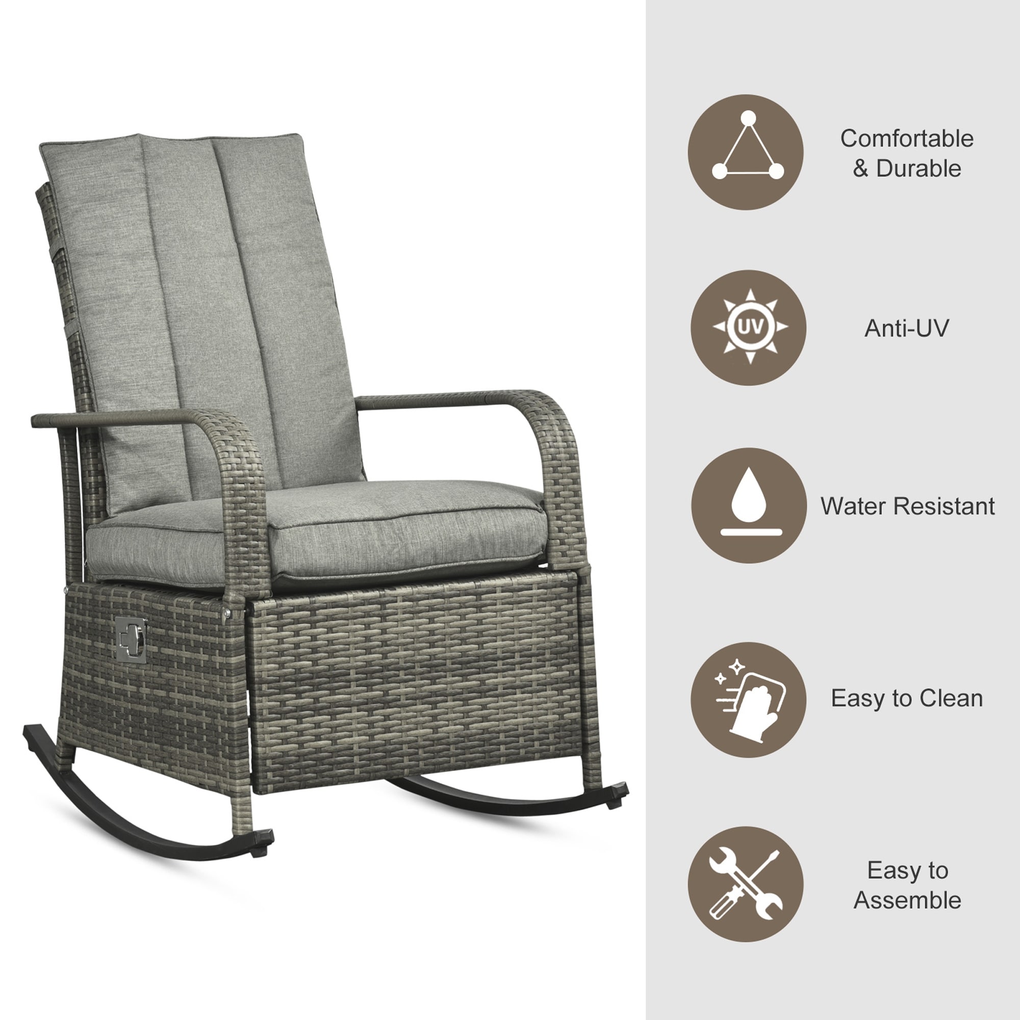 Outsunny Outdoor Wicker Rattan Recliner Rocking Cushioned Chair with Footrest & 135 Degrees of Comfort - Cream White