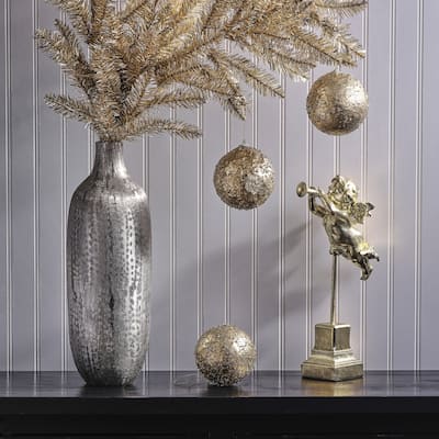4.5" Beaded Crackle Metallic Ball Ornament Set of 3