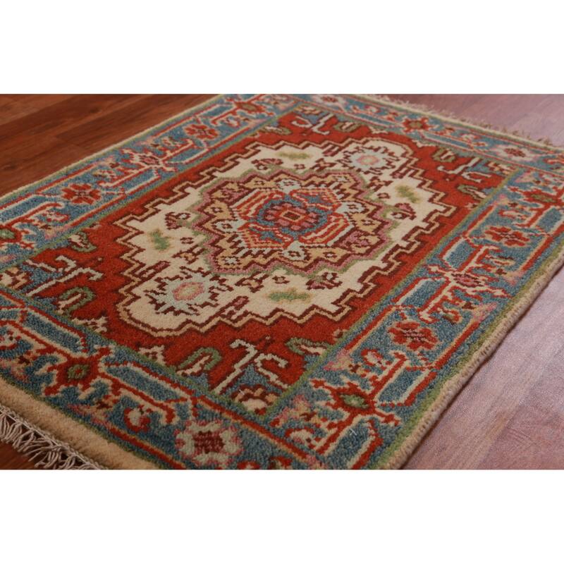 Hand Knotted Oriental 100% Wool Carpet Traditional Medallion Beige & Ivories Heriz (serapi) Area Rug - 2' 9'' X 2' 0''
