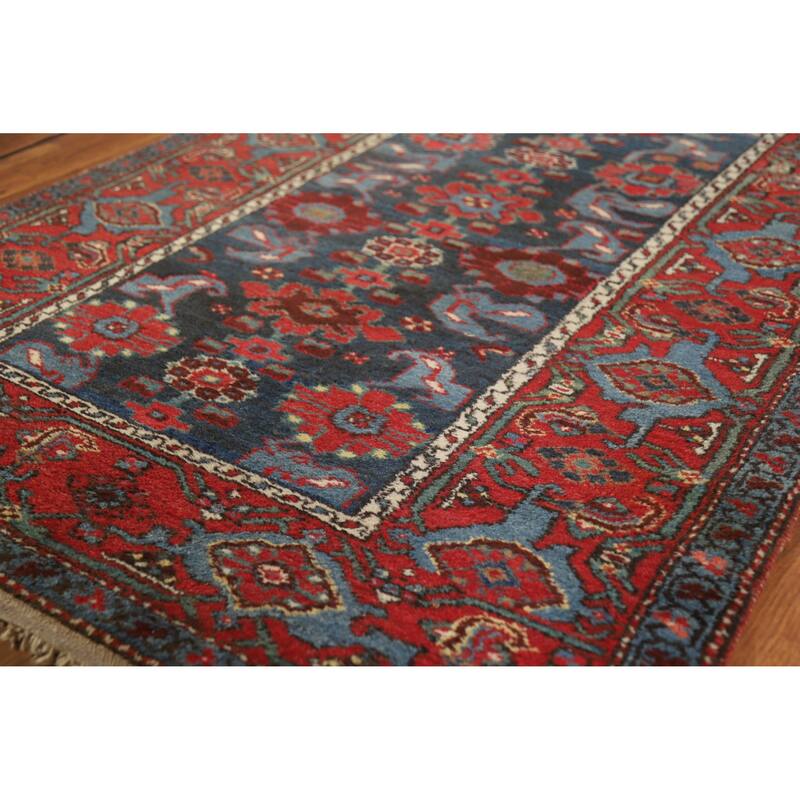 Hand Knotted Oriental 100% Wool Carpet Traditional Geometric Navy Blue & Blues Heriz Runner Rug - 15' 7'' X 3' 5''