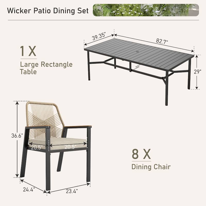 MAISON ARTS 9 Pieces Outdoor Patio Dining Set with Dining Table and Cushioned Woven Rattan Dining Chairs