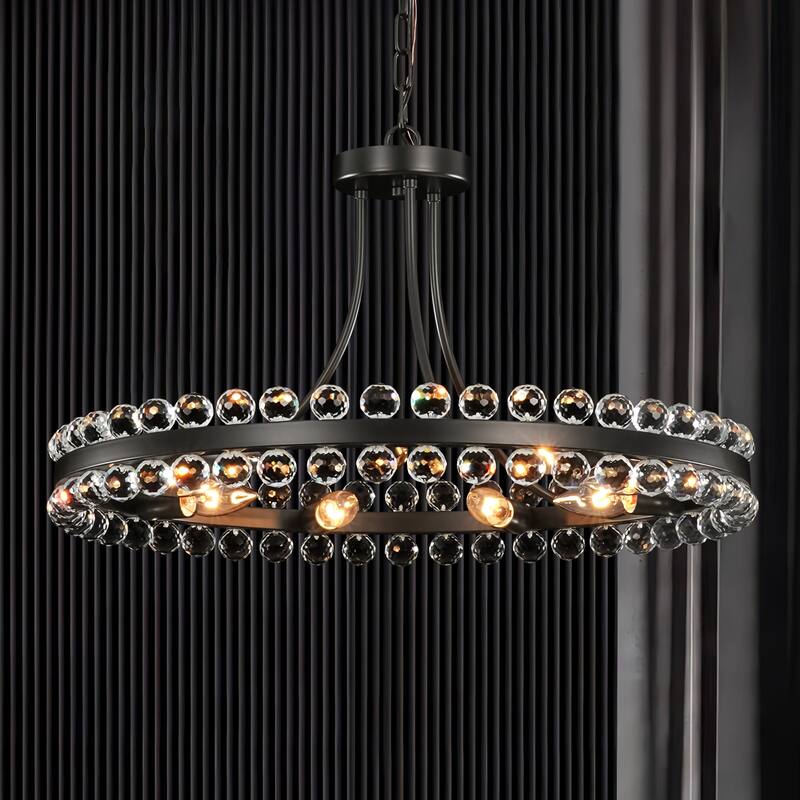 9-Light Modern Glam Round Traditional Crystal Chandelier, Flush Mount or chandelier Installation - Black