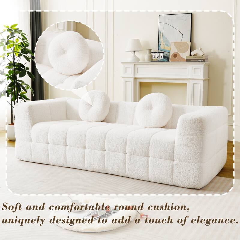 84.6-inch Modern Boneless Couch with Two Circular throw pillows, Skin-friendly lychee-textured long-pile polyester fabric