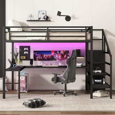 Queen Size Metal Loft Bed with L-shaped Desk and USB, Wardrobe and Adjustable Shelf, Black