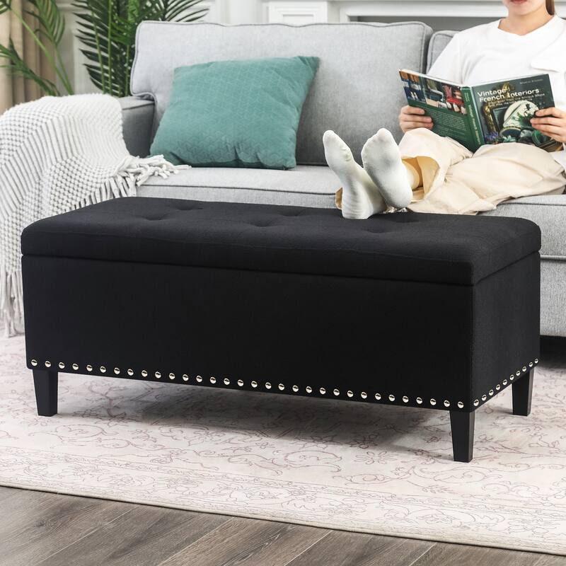 Adeco Storage Ottoman Bench 41" Tufted Fabric Footrest