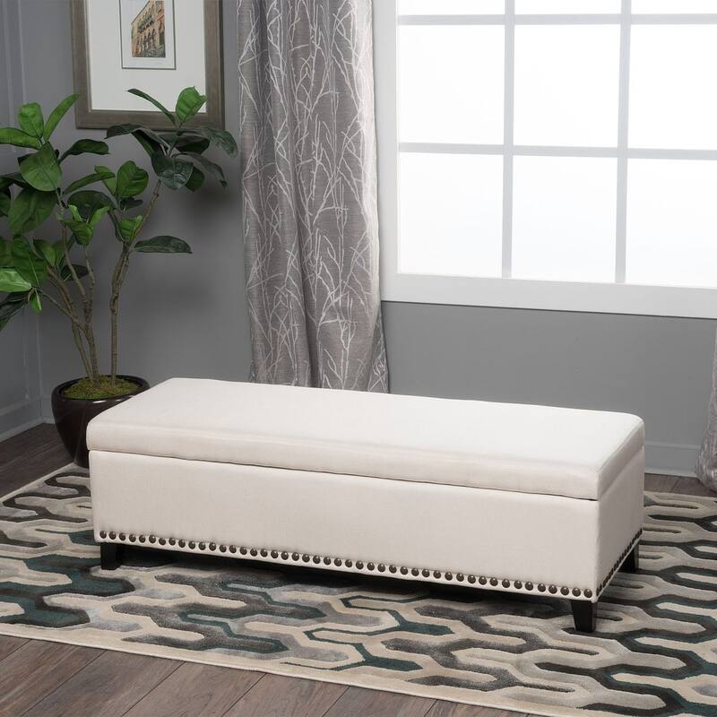 Beige Storage Ottoman with Studded Base and Chain Link Pattern by Christopher Knight Home