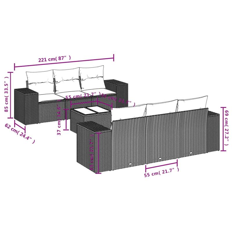 vidaXL 7 Piece Patio Sofa Set with Cushions Black Poly Rattan - 21.7" x 24.4" x 27.2"
