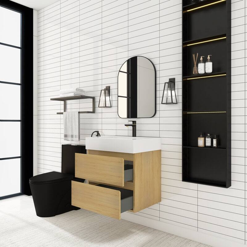 24/30/36 inch Wall-Mounted Bathroom Vanity Set in Oak with Integrated Resin Sink
