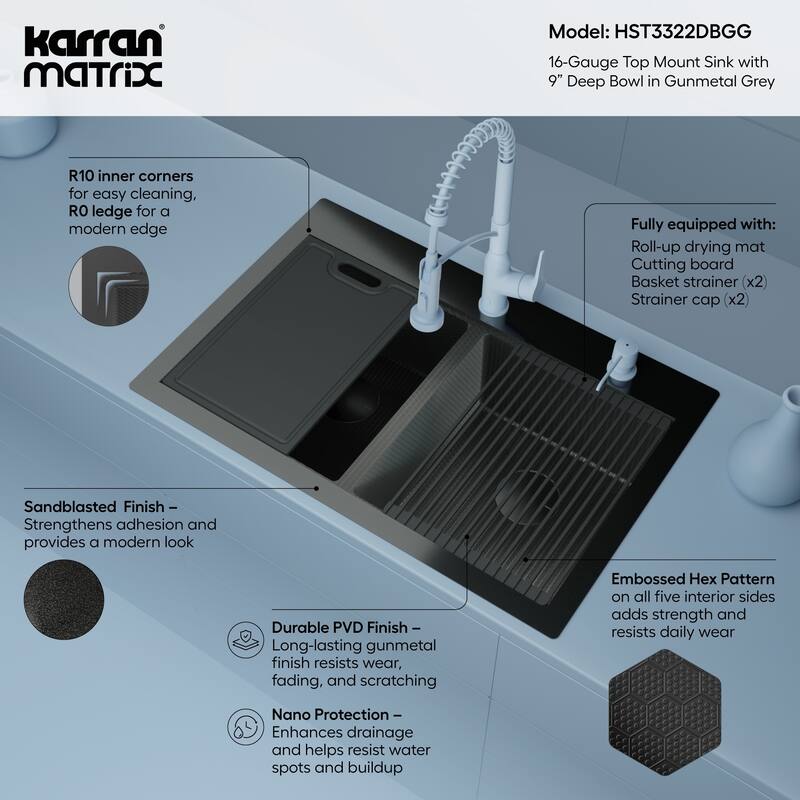Matrix 33" Top Mount Workstation 16 Gauge Double Bowl Stainless Steel Kitchen Sink with Accessories