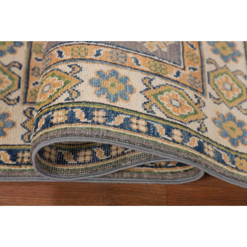 Gray Geometric Kazak Accent Rug Handmade Wool Carpet - 2'8" x 4'2"