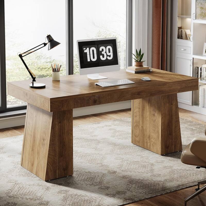 Brown Wood Mid-Century Executive Desk for Home Office
