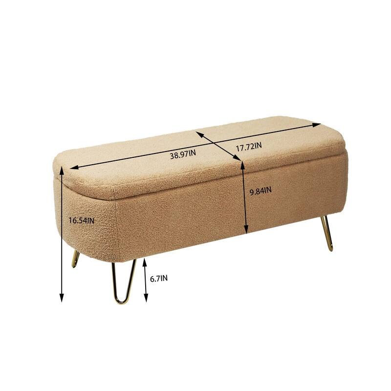 Modern Faux Fur Storage Bench with Gold Legs, Upholstered Ottoman for Living Room and Bedroom