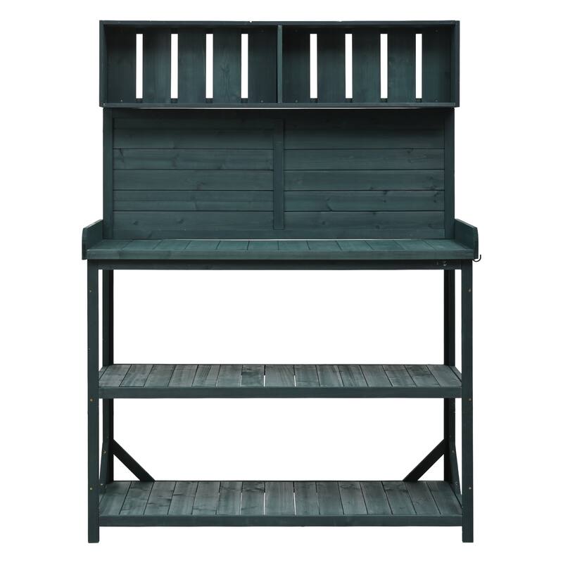 Wooden Outdoor Potting Bench, Garden Potting Table with 4 Storage Shelves, Patio Workstation with 3 Side Hooks