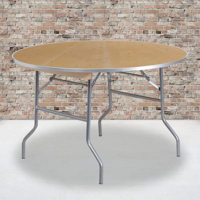 48-inch Round Heavy Duty Birchwood Folding Banquet Table with Metal Edges - 48"W x 48"D x 30"H