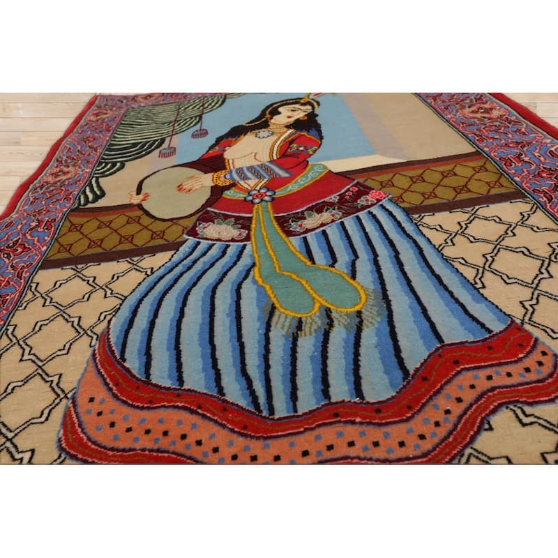 Hand Knotted Beige,Blue 100% Wool Pictorial Oriental Area Rug - 2' 5'' x 3' 10''