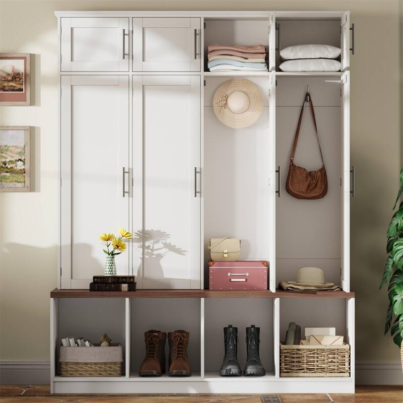 Farmhouse Hall Tree with 4 Hidden Hanging Hooks, Versatile Entryway Bench with 8 Doors, Shoe Cabinet with Open Compartments