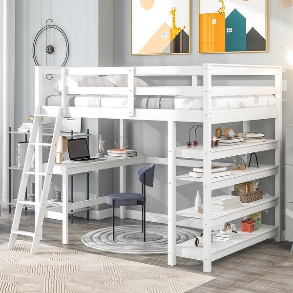 slide 2 of 8, White Pine Wood Loft Bed with Desk, Ladder, and Shelves, High Guard Rails Full - White