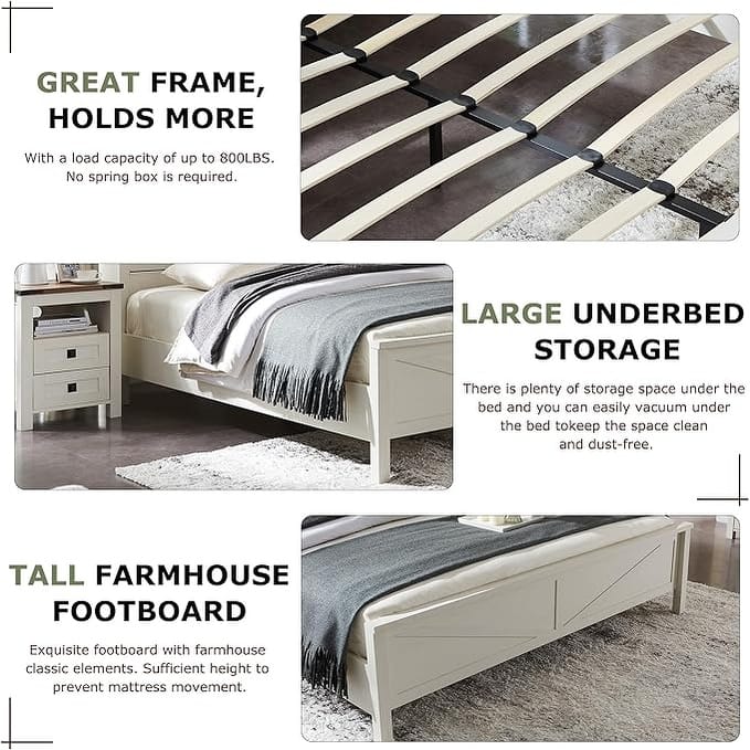 Farmhouse Full Size Bed Frame with Storage Shelves & Charging Station
