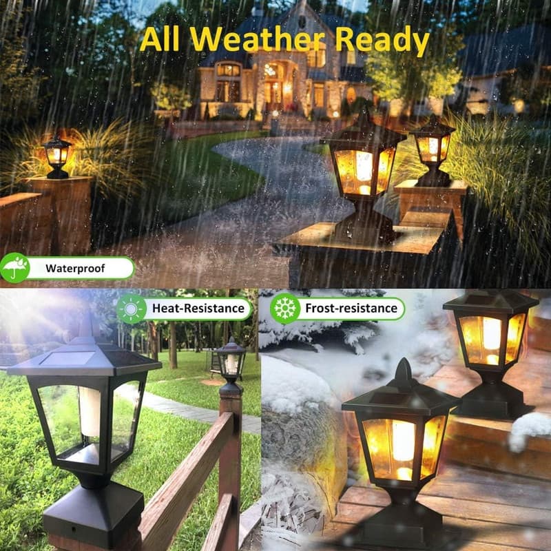 2-Pack Solar Post Cap Lights for 4x4 Fence Flickering Flame LED Waterproof Outdoor - N/A